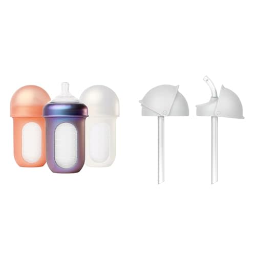 Boon Nursh Silicone Baby Bottles with Conversion Straw Sippy Cup Lids - Stage 2 Medium Flow Nipples - Metallic - 8 Oz - 3 Count
