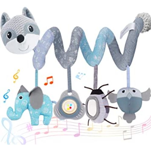 FPVERA Baby Spiral Plush Hanging Toys - Babies Spiral Activity Toy Spiral Hanging Rattle Sensory and Musical Plush Toys Car Seat Mobile Toy for Kids Infant Newborn 0-12 Months (Gray Fox)
