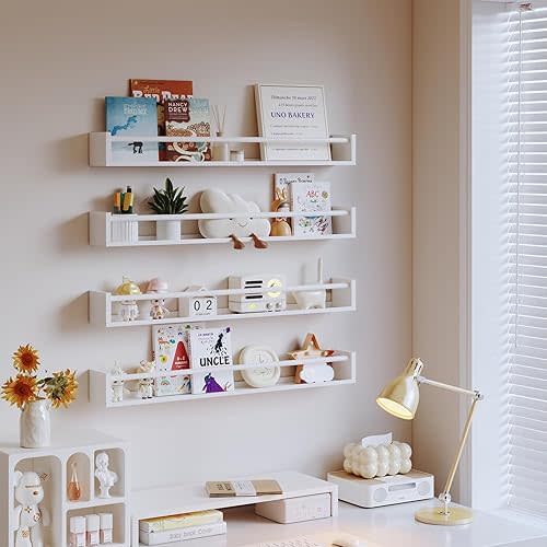 Metal Wall Monted Nursery Book Shelf 33Inch White Set of 4