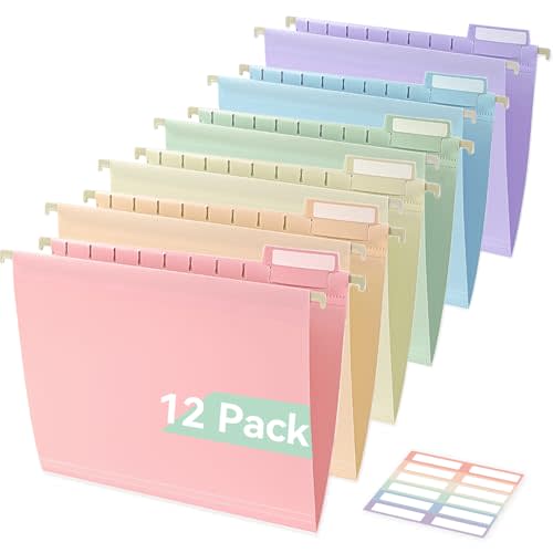 Plastic Hanging File Folders, Sturdy & Tear-Resistant, Letter Size, 12 Pack with Insertable 1/5-Cut Tabs, Pastel Colors