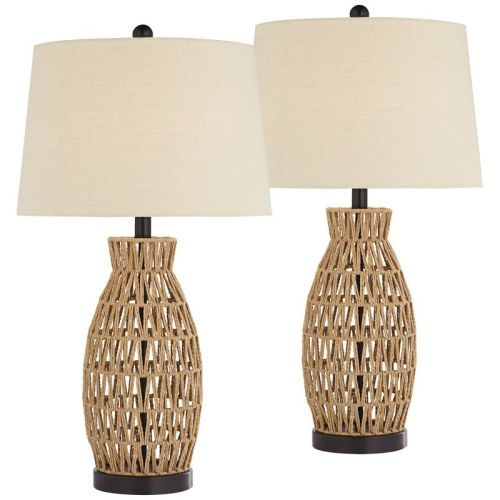 Set of 2, Rattan Bedside Lamps