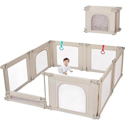 Baby Playpen Foldable Large Play Pen for Toddlers 1-3, 79(L) X71(W) X27(H) Pre-Assembled Playard for Indoor, Adjustable Mesh Breathable Floor Playpen Certified Safe Baby Product