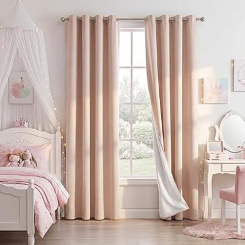 NICETOWN 100% Absolutely Blackout Linen Curtains for Bedroom Living Room, Blush Pink, 52" Wide, 2 Pieces, Privacy Vertical Thermal Insulated Window Drapes 84 inch Long for Infants and Young Children