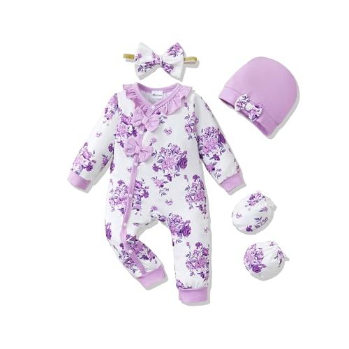 Mikrdoo Baby Girl Clothes Preemie Newborn Coming Home Fall Winter Outfit Knit Jumpsuit Ruffle Romper with Headband