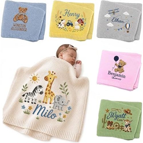 Noni Personalized Baby Blanket Embroidered with Name, Custom Knit Baby Blanket for Girls Boys, Newborn Baby Gift, Gift for Baby Shower, Newborn for Boy, Girl Style 7