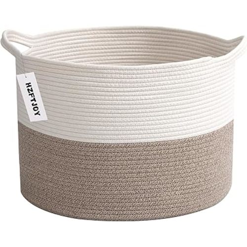 Large Blanket Basket for Organizing,115L Closet Organizers and Storage Bins Box for Shelves Woven Rope Storage Baskets,Living Room,Bedroom,Dorm,Laundry room (White&Brown)