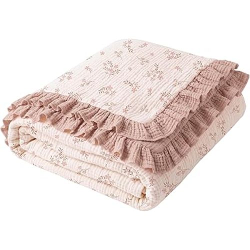 Konssy Flounce Muslin Baby Blanket for Girls Boys 47 x 47 Inches, 100% Cotton Soft Crib Swaddle Blankets, Reversible & Breathable Nursery Bedding for Newborns Toddlers(Petal Dream)
