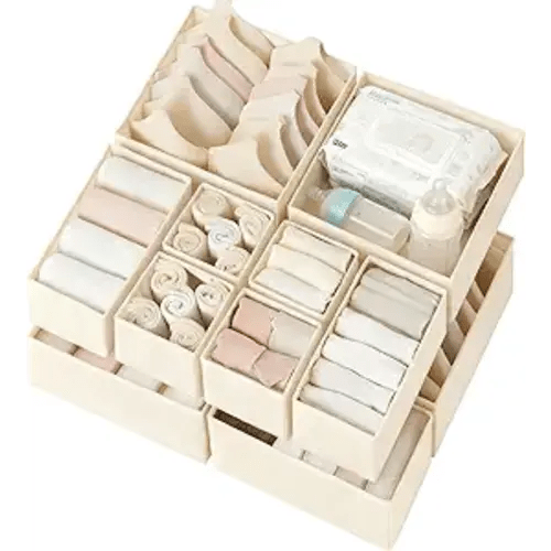 Drawer Organizer Clothes 12 Pack, Dresser Organizer for Nursery Bedroom Closet Organization and Storage - Baby Clothes Organizer Bins - Drawer Divider for Sock Underwear Bra Ties (Beige)