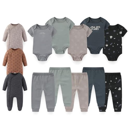 13Pcs Newborn Layette Set Baby Boy Girl Rompers Bodysuits Pants | 100%Cotton,Soft,Gender Neutral Infant Clothes,Snap Closure,Machine Washable,Varied Styles,Daily Outfits,Mix and Match