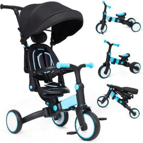 7-in-1 Foldable Baby Tricycle - Adjustable Parent Handle & Canopy - Safety Harness & Guardrail - Trike/Balance Bike for 1-6 Year Olds
