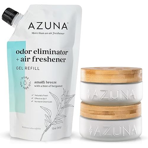 Azuna Air Freshener & Odor Eliminator for Strong Odor | 2 Room Kit Includes (2) 8 oz. Empty Luxe Glass Jars & 12 oz | Refill with Tea Tree Essential Oil Gel | Amalfi Breeze | Last 60-90 Days