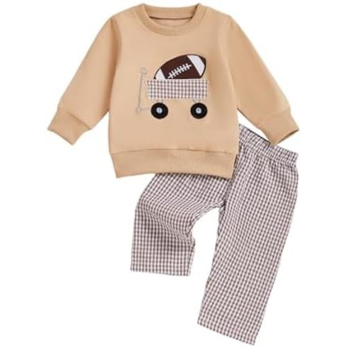 Arvbitana Toddler Baby Boy Football Smocked Outfit Long Sleeve Embroidery Crewneck Sweatshirt Gingham Pants Two Piece Clothes