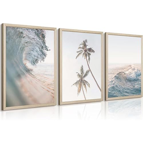 Beach Wall Art Pictures Coastal Canvas Wall Decor Ocean Waves Poster Blue Beach Scene Artwork Palm Tree Art Coastal Landscape Prints for Living Room Bedroom 12x16 Inch Framed Set of 3