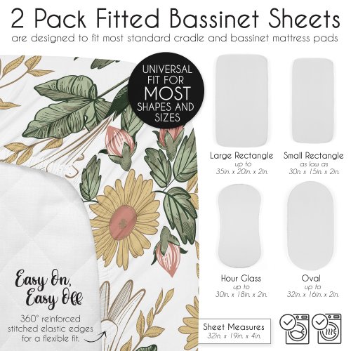 Sweet Jojo Designs Vintage Floral Boho Girl 2 Pack Baby Bassinet Fitted Sheets Pink Yellow Bohemian Shabby Chic Farmhouse Green