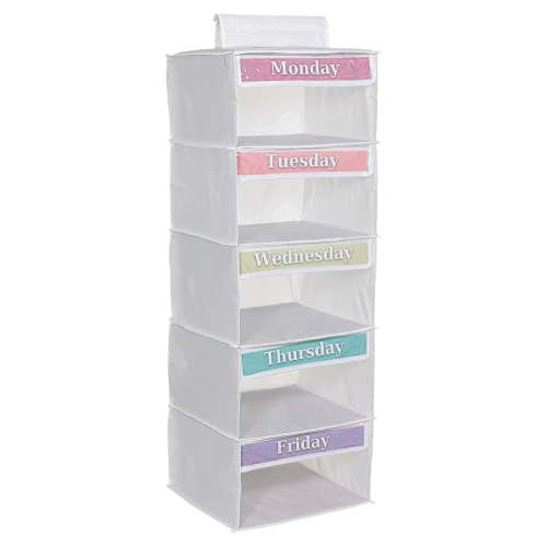 Foldable 5-Layer Kids Weekly Clothes Organizer, Hanging Wardrobe Storage Bag with Colorful Tags for Monday to Friday, Oxford Fabric with Adjustable Hooks, Space-Saving Clothing Storage Solution