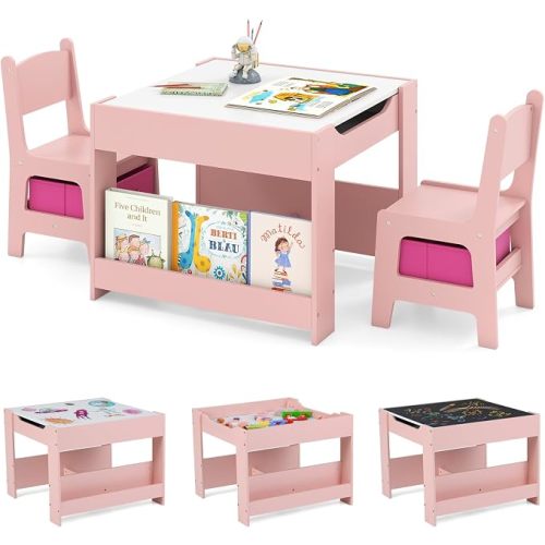 Costzon Kids Table and Chairs, 4 in 1 Toddler Table Set with Bookshelf