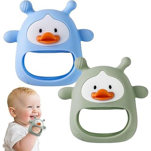 2 Packs Baby Teething Toys 3-6 6-12 Months, Food Grade Silicone Teething Mitten, Anti Dropping Wrist Hand Teethers, Never Drop Baby Chew Toys for Sucking Needs, BPA Free (Blue & Green)