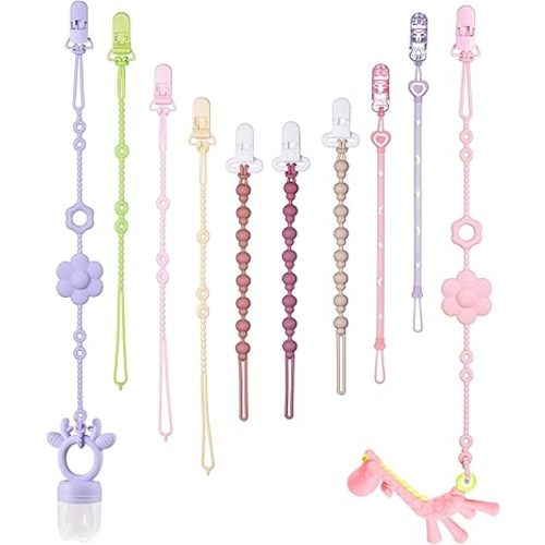 Pacifier Clips & Toy Straps 2-in-1 Combo: 10 Pack with Locking Clips | Extra Long Tethers for Stroller/Car Seat Toys + Short Leashes for Baby Pacifiers & Teethers | BPA Free Silicone (Multicolor 2)