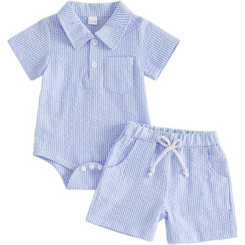 Newborn Infant Baby Boy Summer Outfits Seersucker/Gingham Short Sleeve Button Collared Romper Top and Shorts Set