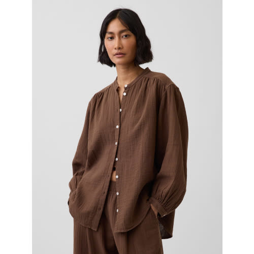 Cotton Gauze Oversized Collarless Shirt