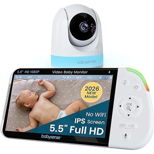 Babysense PRO Non-WiFi Full HD 5.5" Split Screen Baby Monitor with Camera and Audio, 6-Color Night Light, White Noise, Sound & Light Machine, 20-Hour Battery, Hack-Proof Secure Connection