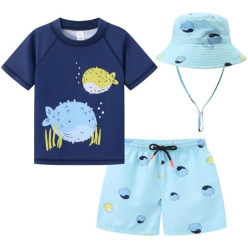 Toddlers and Baby Boys' 3-Piece Rashguard Sets Swimsuits Sets with Hat Surfing Swimwear Sunsuit UPF 50+