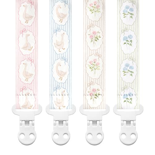 Stadela Baby Fabric Pacifier Clip Holder, Plastic Clip, 4‑Pack, Cottagecore Pattern, Silly Goose Set