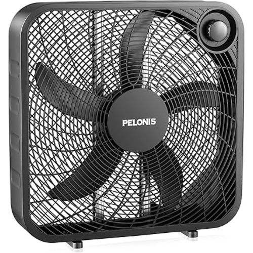 PELONIS 20 Inch Box Fan – 3 Speeds, 25ft/s, Floor Fans, Superior Air Throw (2295 CFM), Lightweight, 5 Blades, Portable & Durable for Bedroom, Office, Living Room, Garage
