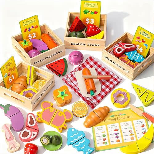 Wooden Play Food Set for Kids Kitchen - Pretend Cutting Toys with Fruits, Vegetables, Meat & Bakery - Montessori Sorting Toy for Boys & Girls Ages 3-8 - Ideal Gift for Christmas & Birthday