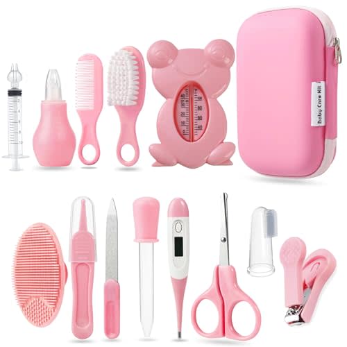 PandaEar Baby Healthcare and Grooming Kit, Baby Safety Set Baby Comb, Brush, Finger Toothbrush, Nail Clippers, Scissors, Nasal Aspirator, Baby Essentials Nursery Care Kit (13-in-1 Pink)