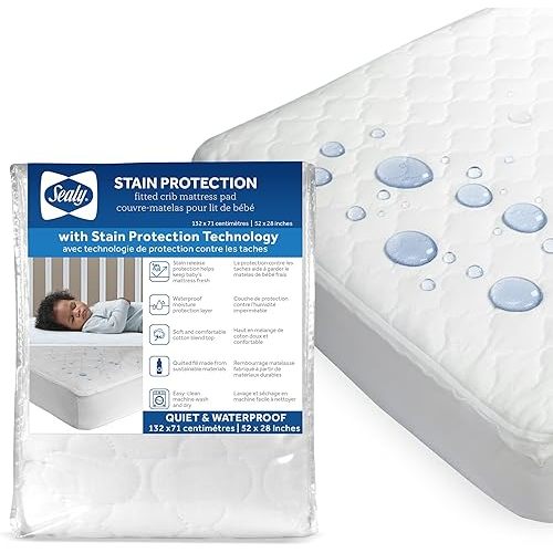 Sealy Baby Stain Protection Waterproof Crib Mattress Protector – Noiseless Fitted Sheet Cover with Quilted Cotton-Blend Top for Comfort – Machine Washable and Easy-to-Clean Toddler Pad, 52 x 28, White