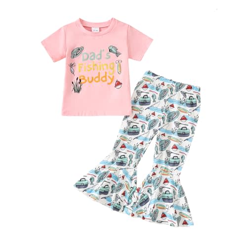 Chloefairy Kids Toddler Baby Girl Summer Clothes Dad's Fishing Buddy T Shirt Top Bell Bottom Outfits Fish Flare Pants Set