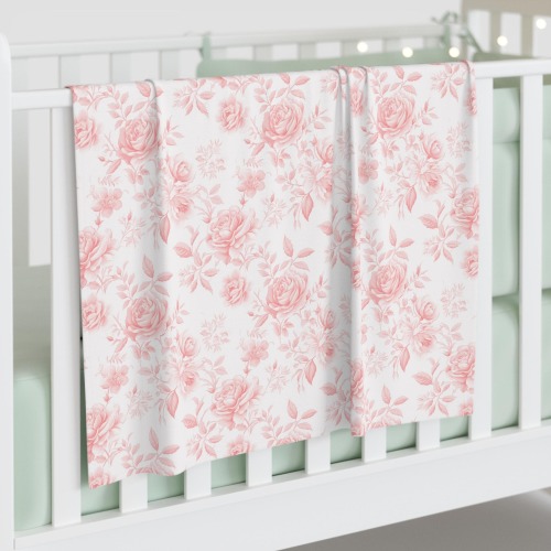 Blooming Rose Baby Swaddle Blanket, Pink Floral Toile, Nursery Decor
