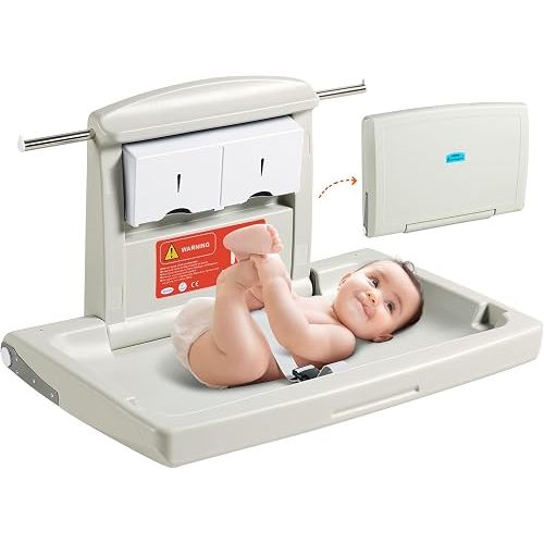 VEVOR Wall-Mounted Baby Changing Station, Horizontal Foldable Diaper Change Table with Safety Straps and Hanging Rods, Use in Commercial Bathrooms, Daycare Centers for Newborns & Infant