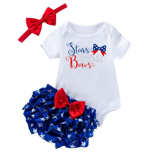 TOWED22 My 1st 4th of July Baby Girl Outfits Newborn Ruffle Romper + Short Pants with Headband Infant Clothes Set 0-18 Months(Blue,0-3 M)