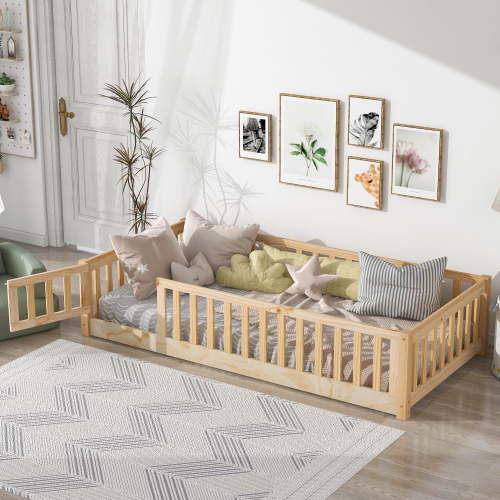 uhomepro Twin Floor Bed with Door Fence for Kids, Natural Pine Wood, Twin Size
