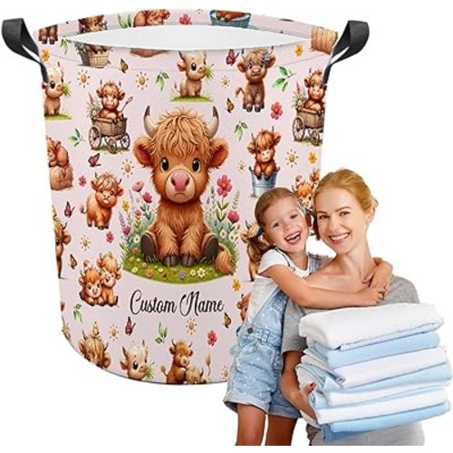 Personalized Highland Cow Laundry Basket,Collapsible Clothes Storage Basket for Bathroom Living Room Custom Name Laundry Hamper,Bedroom,M-19.5"X 15.7"