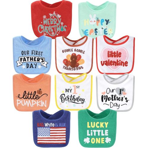 The Peanutshell Baby Boy or Girl Terry Bibs Set of 10-100% Cotton, Soft, Absorbent Baby Bibs, Unisex Toddler Boy or Girl Set, Newborn & Infant - Holiday
