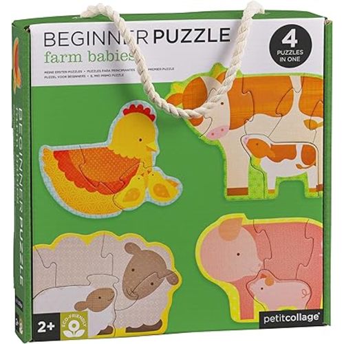 Petit Collage Beginner Puzzle for Kids, Farm Babies – Includes 4 Mini Puzzles (3-5 Pieces Each) – Cute Animal Puzzles for Ages 2+ – Makes a Great Gift Idea