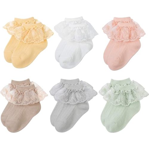 6 Pairs Baby Girls Socks - Newborn Ruffle Lace Princess Frilly Knit Cotton Socks