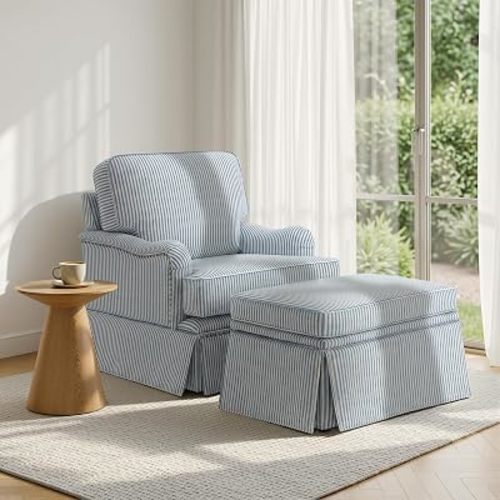 Swivel Accent Chair with Storage Ottoman, Pinstripe Armchair, Blue