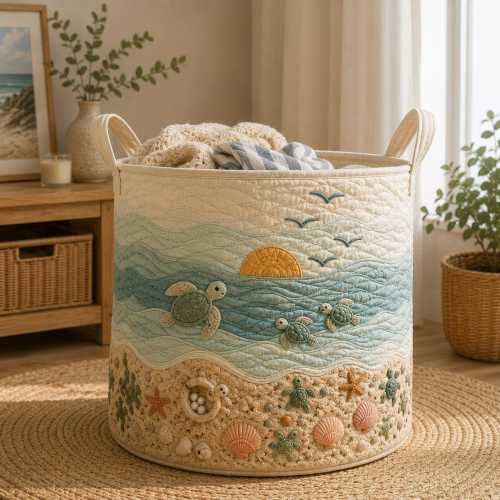 Sea Turtle Laundry Basket, Beach Ocean Storage Bin, Coastal Nursery Hamper, Seashell Bathroom Decor, Nautical Room Organizer