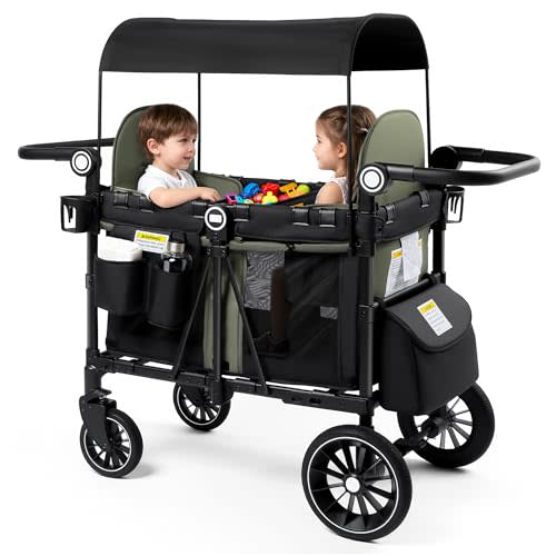 Kinder King Wagon Stroller for 2 Kids, All-Terrain Foldable Outdoor Stroller Wagon 2 Seater, Removable Canopy, Adjustable Handle, Shock-Absorbing Wheel, Detachable Tray, Large Storage, Green