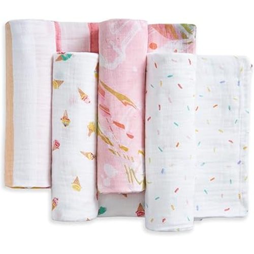 aden + anais Essentials Cotton Muslin Swaddles, Breathable Baby Blanket, Ideal for Boys, Girls, Newborns, Babies & Infants, Receiving Blanket, Soft and Lightweight Wrap, 4 Pack, Ice Cream Dreams