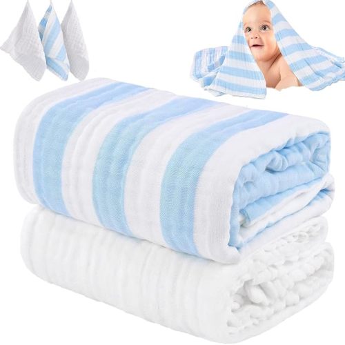 Organic Muslin Baby Bath Towel Blanket 5-Pc Gift Set - Blue Stripe
