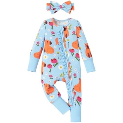 PATPAT Baby Girl Boy Footie Clothes, Soft Viscose from Bamboo, 2-Way Ruffled Zipper, Fold-Over Mittens & Cuffs with Headband