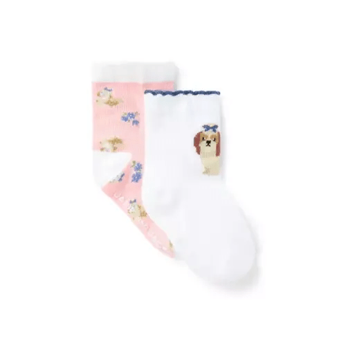 Baby Pink Cake And Soft Beige Baby Dog And Flower Sock 2-Pack by Janie and Jack