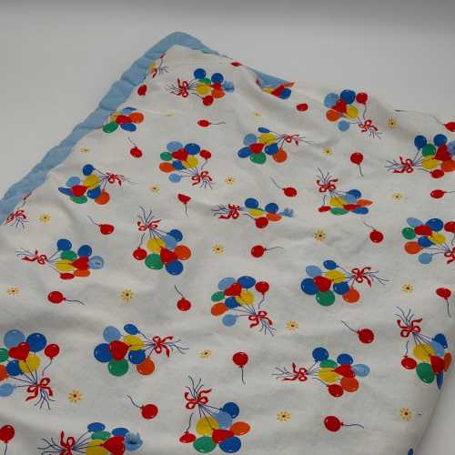 Vintage 80s Balloon Print Baby Blanket Reversible Blue White Quilted 35x35