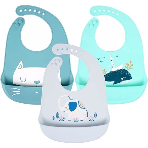 YINGJEE(3 Pack) Cute Silicone Baby Bibs For Babies&Toddler, Bebe waterproof Bibs, Girl, Boy Fille Silicone Baby Feeding Bib Set, BéBés bib, Unisex Baby Feeding Supplies with food catcher pocket……