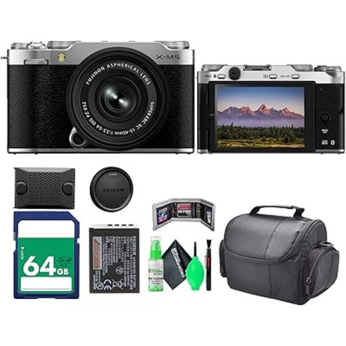 Fujifilm X-M5 Mirrorless Digital Camera with Fuji XC 15-45mm f/3.5-5.6 OIS PZ Lens Kit - Silver Bundle with 64GB Memory Card + Cleaning kit + Travel Bag + More